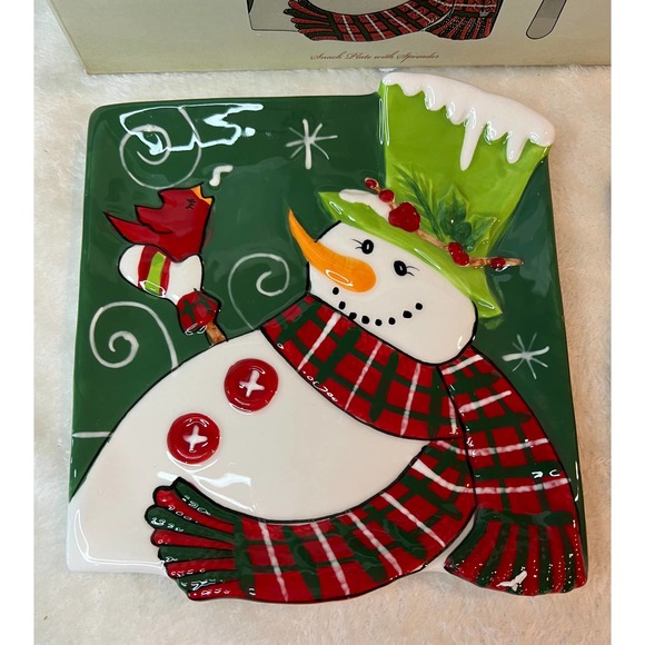 Fitz And Floyd Christmas Dish Holly Hat Snowman Snack Plate with Spreader - Picture 3 of 5